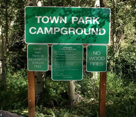 Town Park Campground Sign. Click here for Town of Telluride Campground Information. 