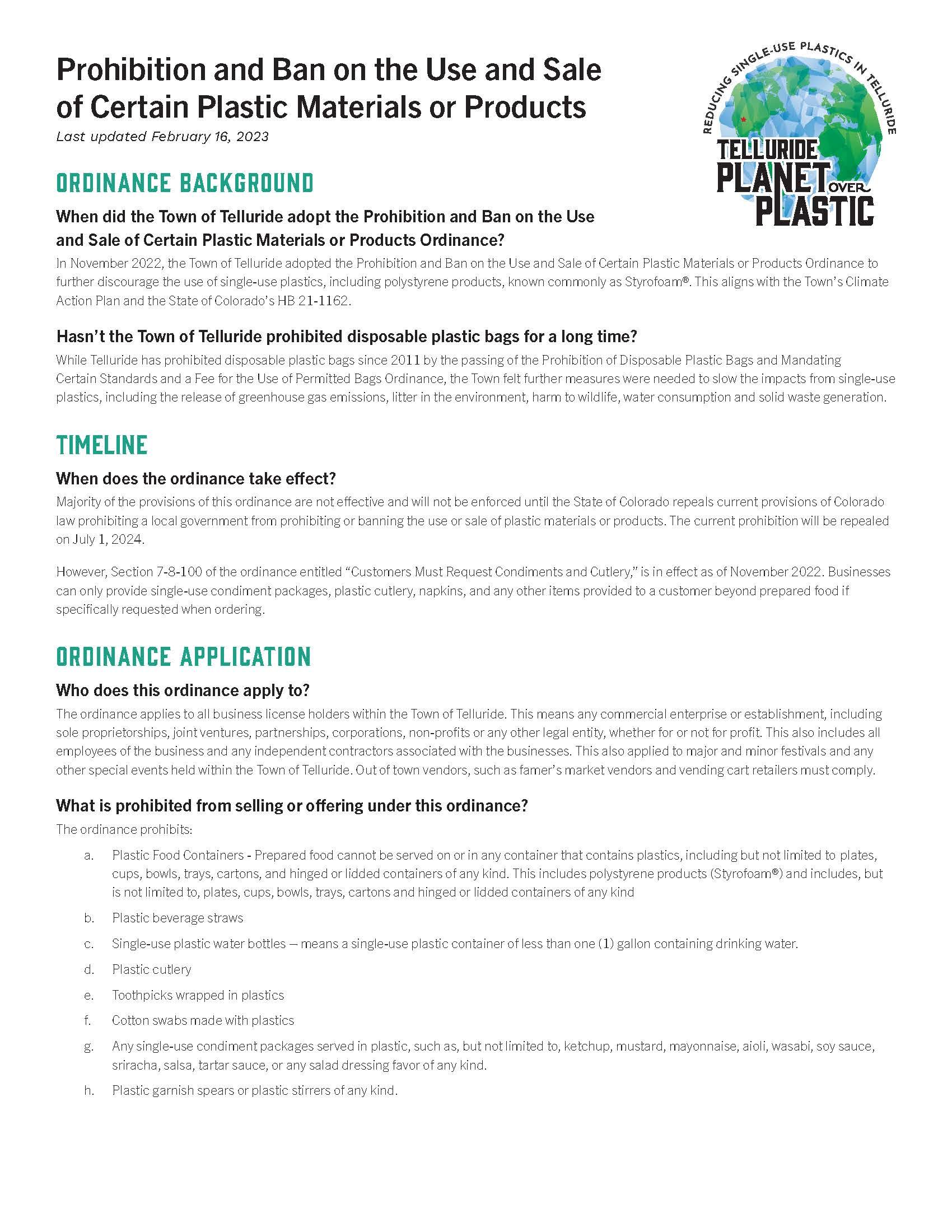 Telluride Planet Over Plastics Fact Sheet Page 1 of 3