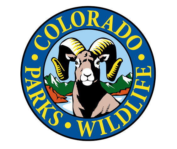 Colorado Parks & Wildlife Logo with a big horn sheep in the middle and mountains in the background o